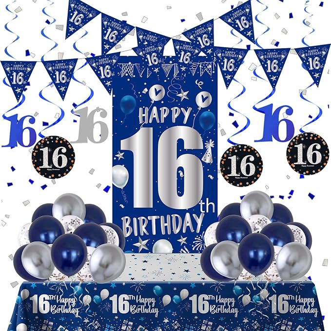 16th Birthday Decorations for Boys Girls, Blue Silver 16th Birthday Decorations Backdrop with Happy 16th Birthday Banner, Number 16 Hanging Swirls, Triangle Flag, 16 Years Old Party Decor Supplies