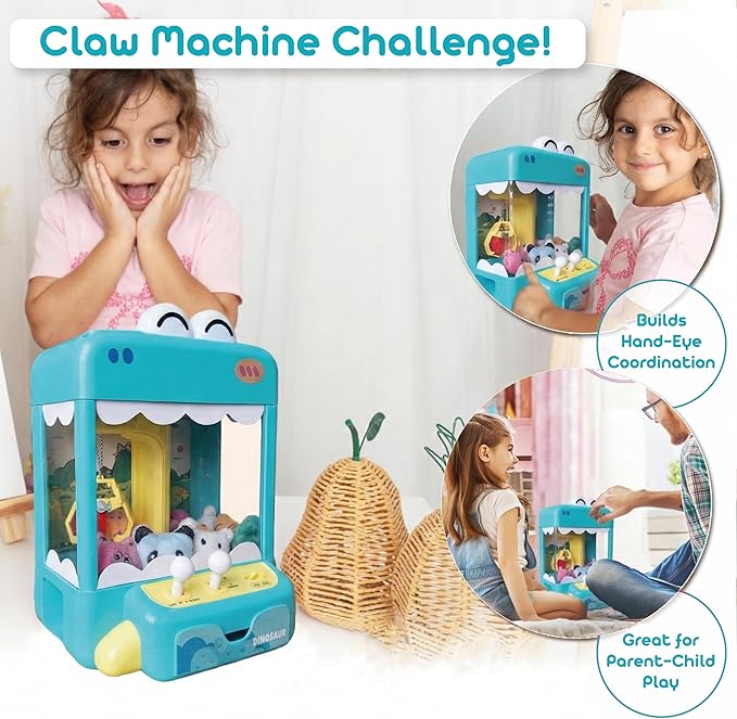 Claw Machine for Kids - Mini Arcade Game - Vending Machine - Candy Grabber Toys - Silent Mode, Lights, USB - Plush Toys & Easter Eggs, Surprise Stickers - Fun Gift for Kids, Boys & Girls (Dinosaur)