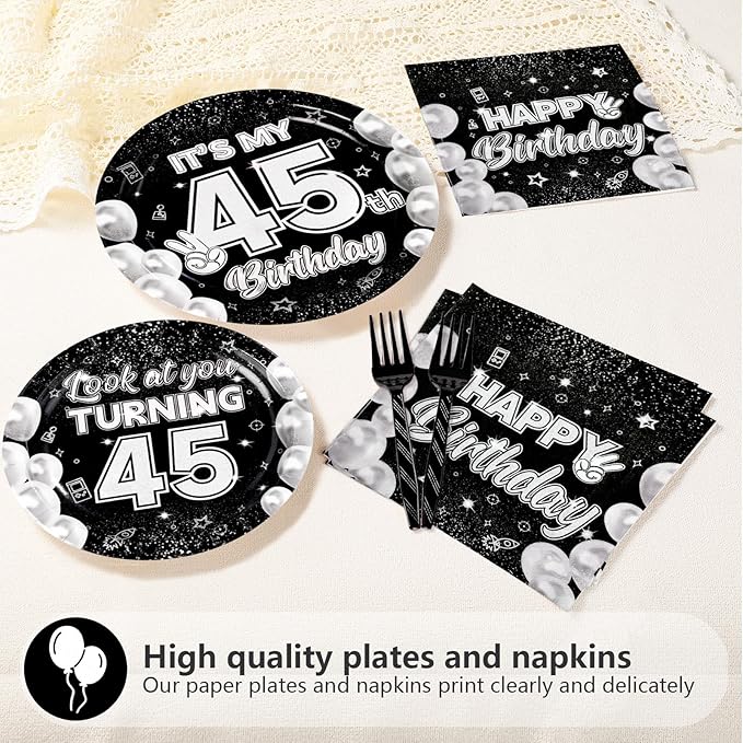 96Pcs 45th Birthday Party Decorations for Men Women Black White 45th Paper Plates and Napkins Set It's My 45th Birthday Theme Decorations for Look at You Turning 45 Years Old Party Supplies Serves 24