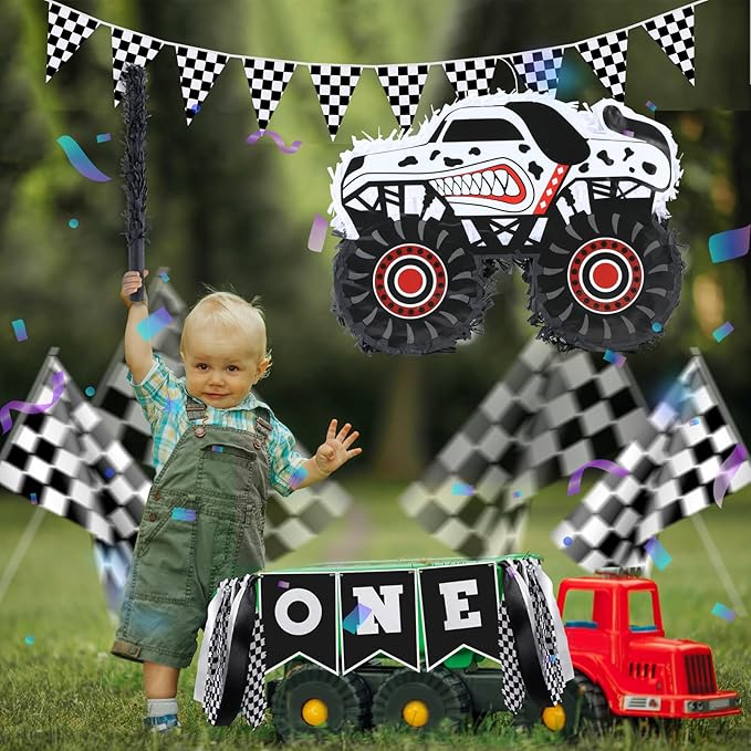 Monster Truck Dalmatian Pinatas Bundle with a Blindfold and a Bat (16 x 13 x 4 Inches), Perfect for Boys Birthday Parties, Dog Truck Decorations games