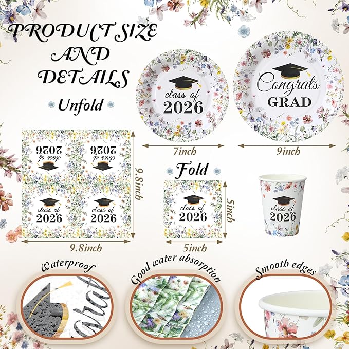 Hsei 250 Pcs Wildflower Graduation Disposable Plates and Napkins Floral Congrats Grad Disposable Tableware Set for 50 Guests Wildflower Paper Plates Napkins Cups for Girls Nurses Graduation Party