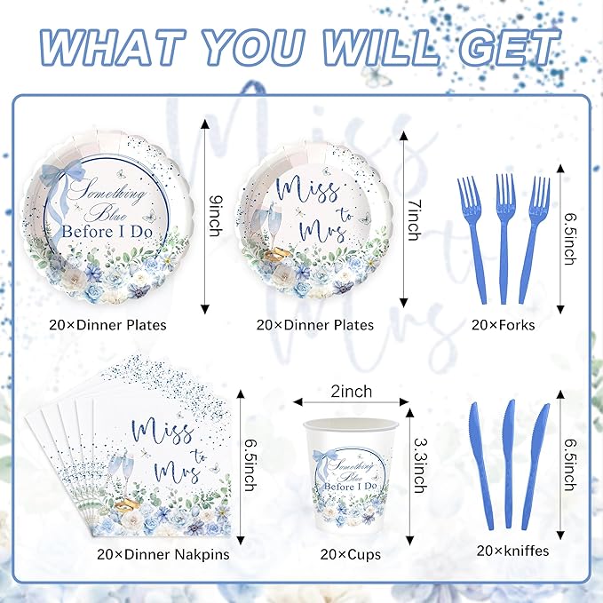 120PCS Something Blue Before I Do Decorations for Wedding Blue Floral Bridal Shower Party Supplies Bachelorette Tableware Set Miss to Mrs Plates Napkins Cups Forks Knives for 20 Guests