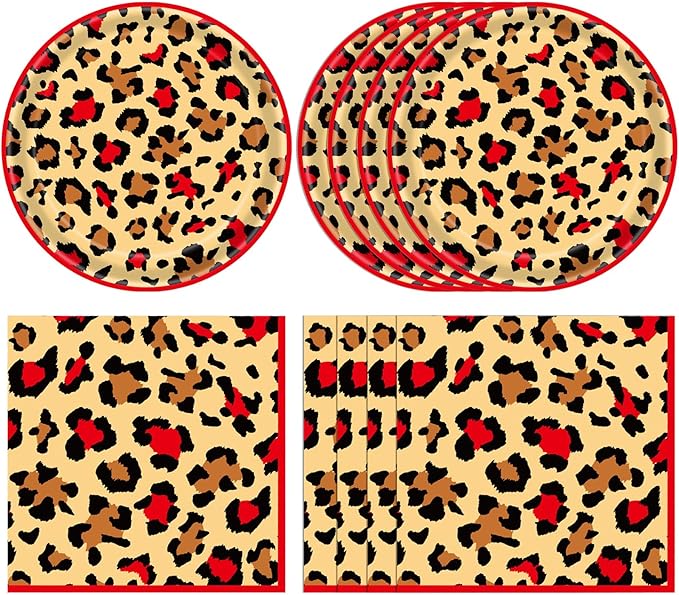 40 Pcs Cheetah Print Birthday Decorations Red Black Leopard Print Tableware Safari Animal Jungle Birthday Party Decor Supplies Includes 20PCS Dessert Plates and 20PCS Napkins for Girls Women