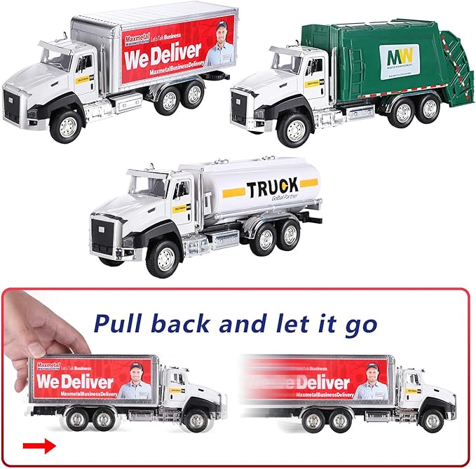 G.C 3 Pack Diecast Transport Vehicles Set - Garbage Truck, Tanker, Delivery Truck 1:50 Scale Pull Back Metal Model Car Toys for Boys