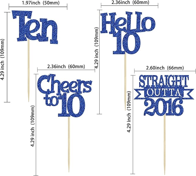 Ephlyn 24Pcs Happy 10th Birthday Cupcake Toppers Glitter Ten Cupcake Picks Hello 10 Cheers to 10 Years Cake Decorations for 10th Birthday Anniversary Party Decorations Supplies Blue