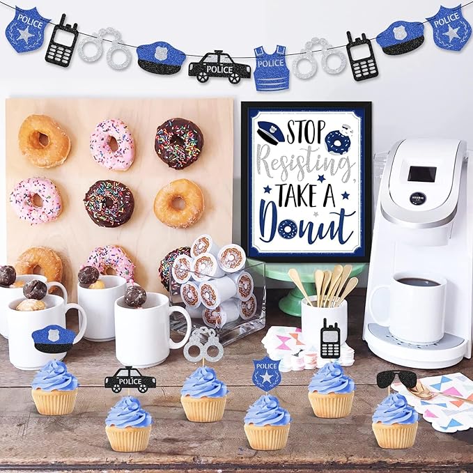 Levfla Officer Donut Bar Decoration Kit Police Banner Party Until The Cops Shown Up Table Sign Doughnut Dessert Food Topper for Graduation Birthday Retirement Anniversary Party Favor Ideas Supplies