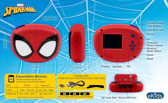 ekids Spiderman Kids Camera with SD Card, Digital Camera for Kids with Video Recording, Built-in Digital Stickers (Spiderman)