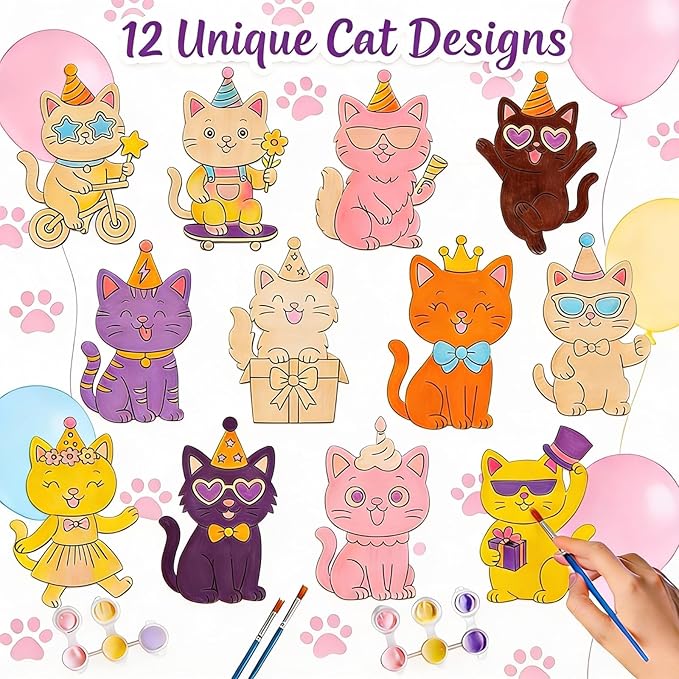 12 Pack Cat Party Favors for Kids - Individually Wrapped Paint Your Own Wooden Magnet Kits, Cute Pink Kitten Themed Party Supplies for Girls