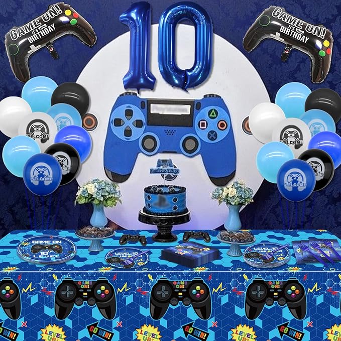10th Birthday Decorations for Boys, 81 Pcs Level 10 Video Game Party Decorations, Including Video Game Plates Napkins Tablecloth Forks for Gamer Birthday Party, Serves 20, Blue