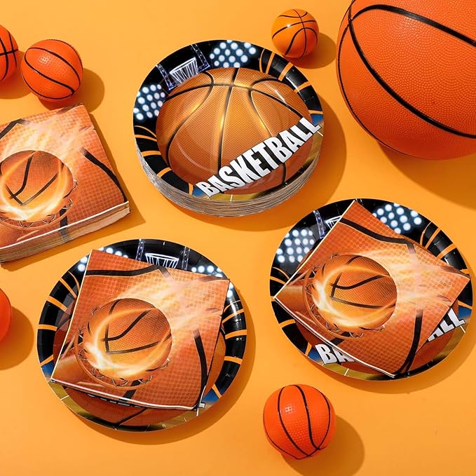 Umigy 100 Pcs Basketball Plates and Napkins Party Supplies Basketball Tableware Dinner Lunch Dessert Appetizer for Kids Boys Baby Shower Birthday Sport Party Decor Serves 50(Classic Style)