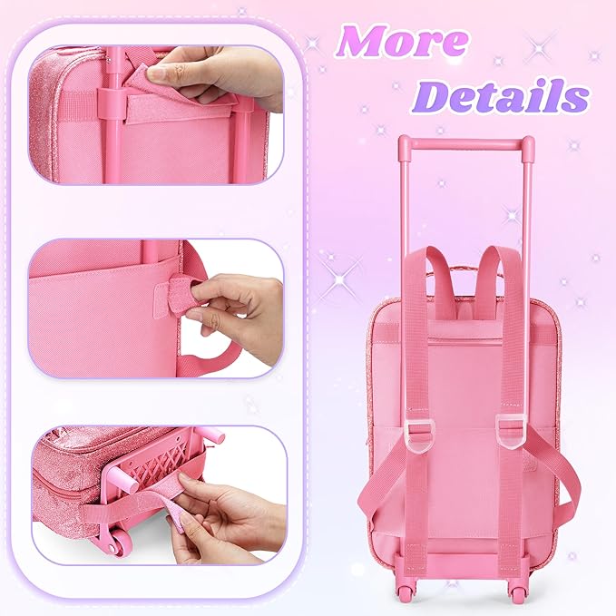 LoDrid Travel Backpack Compatible with Barbie Dolls 12-inch, Doll Carrying Case with Wheels, Suitcase Storage Organizer with Multiple Pockets for Doll Clothes and Accessories, Pink, Bag Only