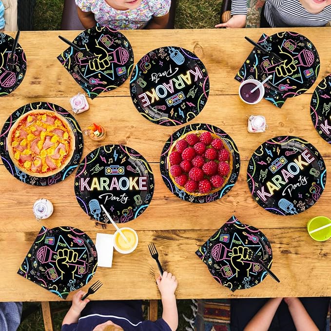 96Pcs Karaoke Party Supplies Music Disco Microphone Plates and Napkins Karaoke Night Neon Music Theme Tableware Set for Popular Singer Social Media Birthday Party Decorations Serves 24