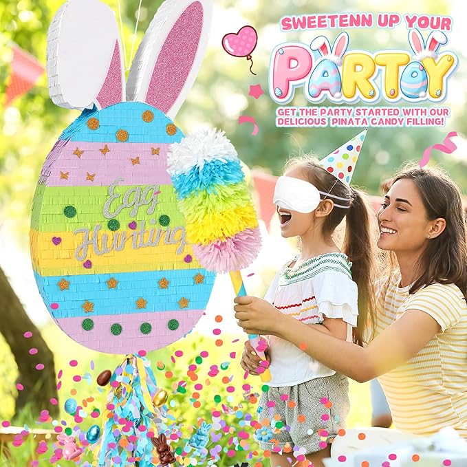 25" Easter Decorations Pinata Bunny Egg Piñata with Blindfold, Bat and Filler, Funny Cute Party Favors for Cute Birthday Pinata Egg Theme Kids and Adults Party Supplies Decoration
