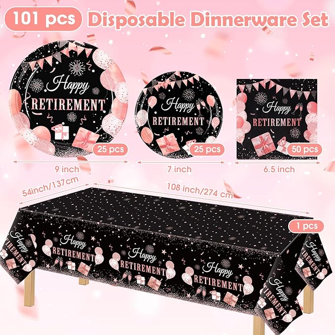 Zhehao 101 Pcs Retirement Party Tableware Set Black and Pink Happy Retirement Party Supplies Includes 50 Paper Plates, 50 Napkins and 1 Tablecloth for Men Women Say Goodbye