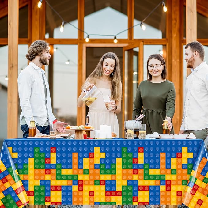 Oudain 2 Pcs Building Block Tablecloths Colorful Building Blocks Birthday Party Decorations 54 x 108 Inch Disposable Plastic Brick Table Cover Waterproof Brick Themed Party Supplies (Yellow,Blue)