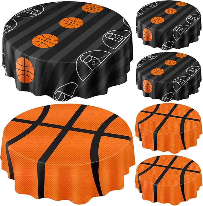 6 Pack Round Basketball Tablecloth 84 Inch Plastic Basketball Party Decorations Disposable Table Cloth Washable Disposable Circle Table Cover for Birthday Party Supplies Decoration