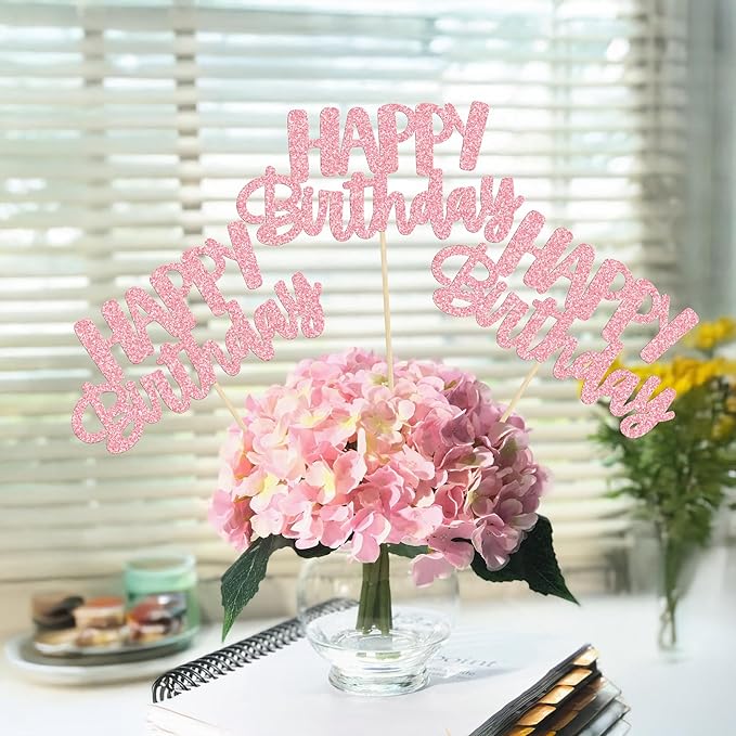 Gyufise 12Pcs Happy Birthday Centerpieces Sticks Double Sided Glitter Birthday Party Decorations Anniversary Table Flower Centerpiece for Celebrating Party Supplies Pink