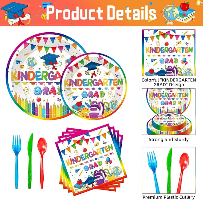 175 Pcs Kindergarten Graduation Tableware Set Party Supplies - Serves 25, Colorful Kindergarten Grad Disposable Plates, Cups, Napkins, Forks, Spoons, Knives for Kids School Graduation Decorations