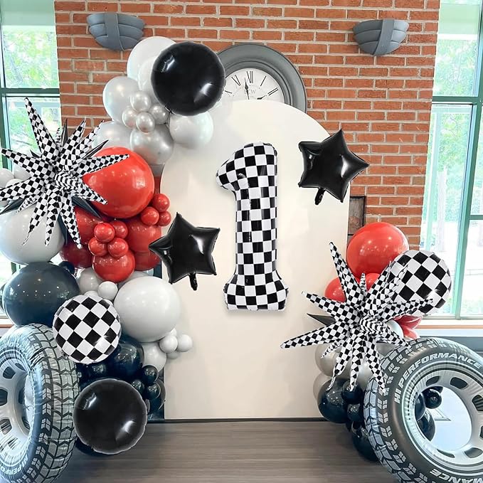TONIFUL 40 Inch Checkered 1st Birthday Balloons Set Number 1 Race Car Black White Round Explosion Star Boys Race Car Balloons Themed Birthday Party Decoraction