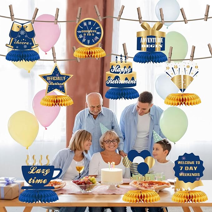 9Pcs Happy Retirement Decorations Table Honeycomb Centerpieces Party Supplies Blue Gold Retirement Adventure Awaits Sign for Men Retired Decor Goodbye Retirement Signs