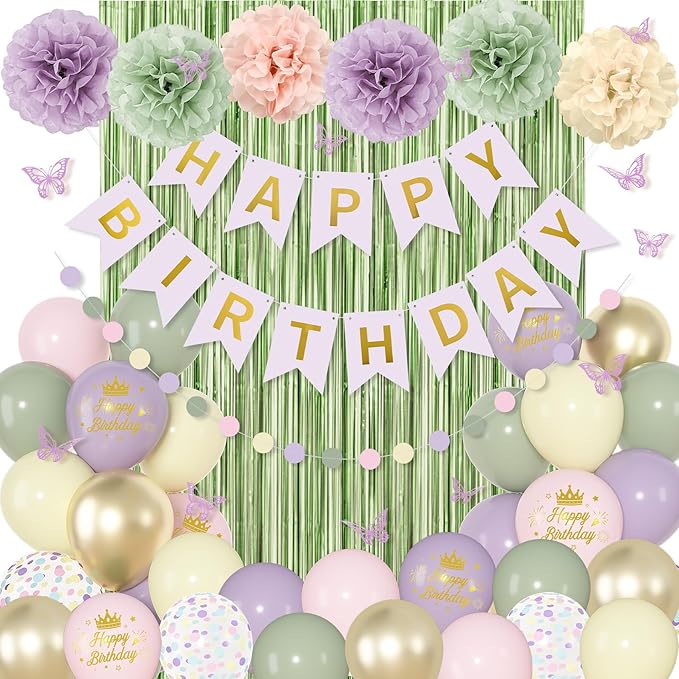 Fairy Birthday Decorations for Women Girls, Lavender Green Pastel Pink Yellow Metallic Printed Balloons Butterfly Stickers Fringe Curtain Happy Birthday Banner Circle Dot Paper Pompom Party Supplies
