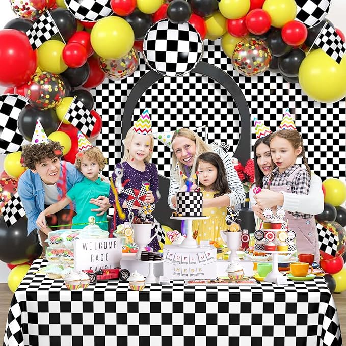 WNINK 2 Pack Black and White Checkered Disposable Tablecloth Race Car Theme Party Table Cloth, Black checkered tablecloth for Race Car Theme Birthday, Outdoor Picnic Parties Decorations, 54 × 108 Inch