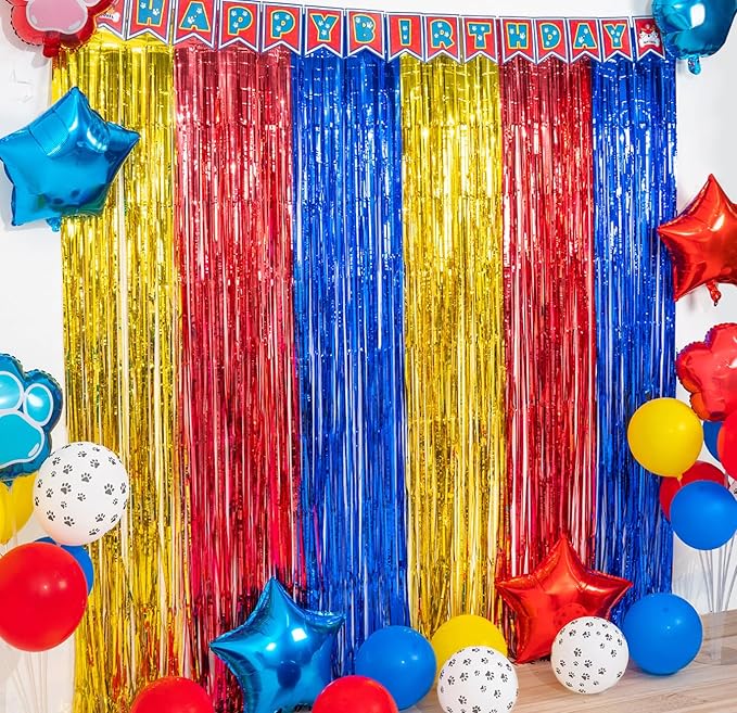 Paw Birthday Decorations, including 2Pack Gold Red Blue Tinsel Foil Fringe Curtains 3.3 x 6.6ft, 1Pack Dog Patrol Themed Birthday Banner & 22pcs Balloons for Paw Birthday Party Photo Props Backdrop
