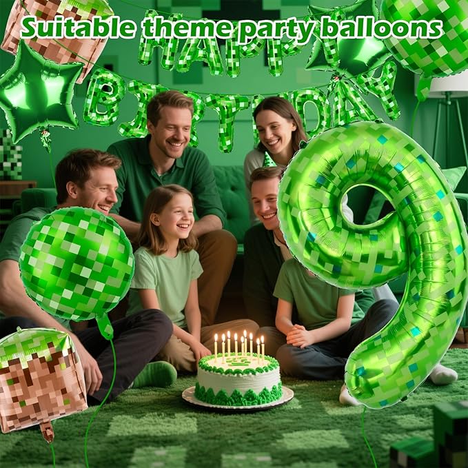 Green Pixel Themed Happy Birthday Banner Party Decorations Set Including 40 Inch Number 9 Foil Balloons, Themed Party Essentials, TNT Pixel Backdrop Supplies for Boys Indoor Outdoor Celebration