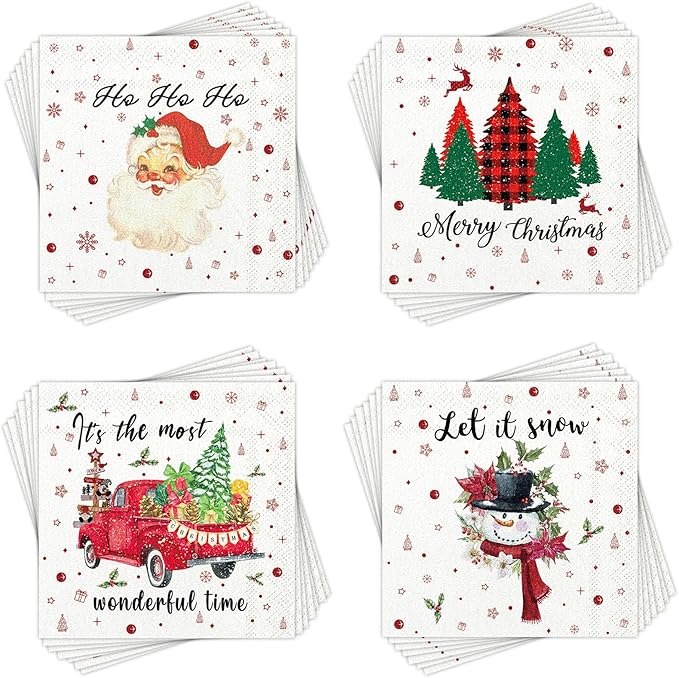 200 Pcs Christmas Cocktail Napkins, 5x5" Xmas Tree Santa Snowman Paper Napkins for Holiday, Winter & New Year Party