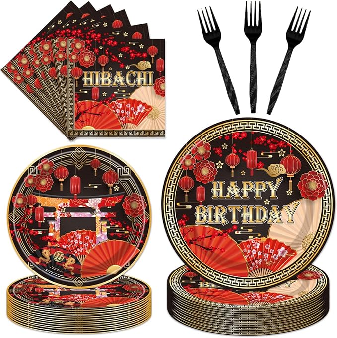 96PCS Hibachi Plates and Napkins Party Supplies Hibachi Japanese Birthday Party Decorations Asian Japanese Style Themed Disposable Paper Tableware Set Serves 24 Guests