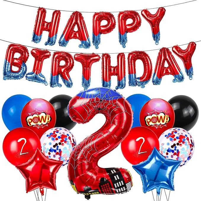 Cartoon Hero 40 Inch Red and Blue Spider Theme Number Foil Birthday Decoration Balloon, Spider Theme Happy Birthday Banner Party Decoration Balloon, Letter Logo Superhero Party Supplies (2)