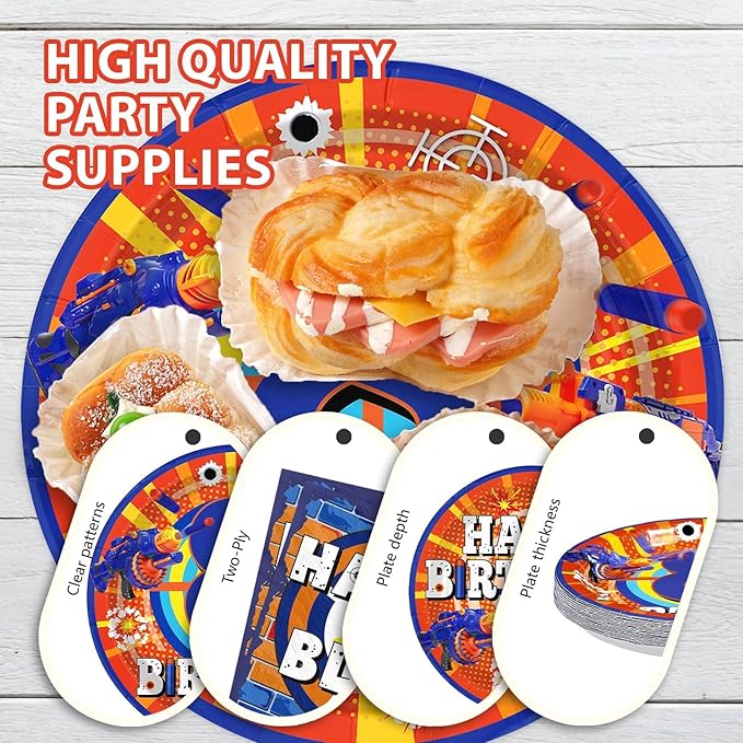 96Pcs Dart War 8th Birthday Party Supplies Dart War 8th Birthday Theme Plates and Napkins Blue and Orange Tableware Set for Boys' 8 Years Old Birthday Party Decoration Serves 24