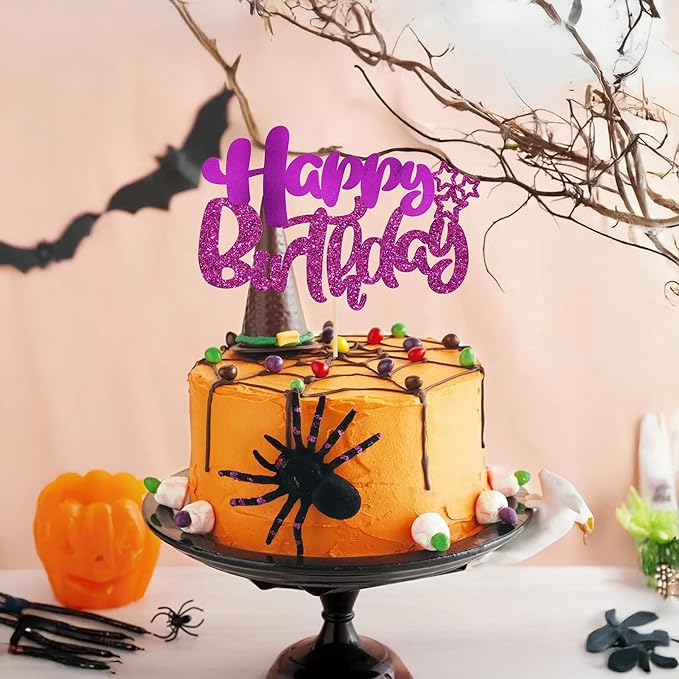 Ephlyn 1Pcs Happy Birthday Cake Topper Glitter Happy Birthday Cake Pick Decorations for Celebrating Baby Shower Theme Kids Boys Girls Anniversary Party Decorations Supplies Purple