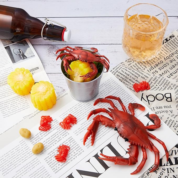 9 Pcs Crab Cake Topper Crab Boil Party Decorations Supplies Plastic Potato Corn Metal Pail for Theme Birthday Festival Potluck