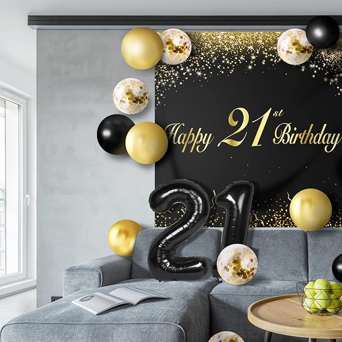Happy 21st Birthday Balloons Black Set Decor - Cheers to 21 Years Old Party Theme Garland Banner Backdrop Decorations For Women and Men Supplies