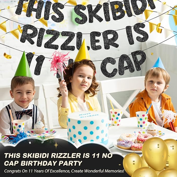 Fulmoon Pre Strung This Skibidi Rizzler Is 11 No Cap Glitter Banner 11th Birthday Party Decorations, Funny Birthday Sign, Party Supplies, Ideas, Gifts, Black