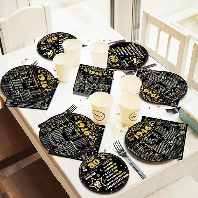 96Pcs 80th Birthday Plates and Napkins Back in 1946 Party Decorations Black Gold 80 Year Old Party Dessert Plates 1946 Birthday Tableware for 24 Guests 80th Theme Men Woman Bday Parties Supplies