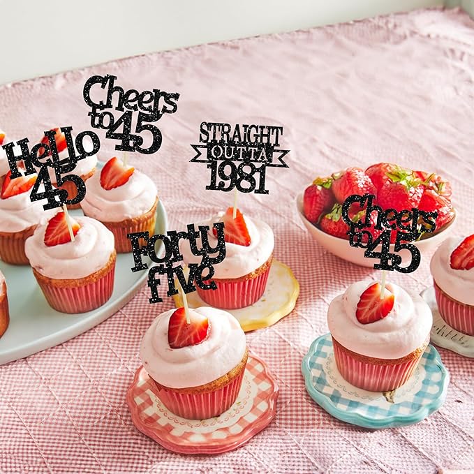 Ephlyn 24Pcs 45th Birthday Cupcake Toppers Glitter Straight Outta 1981 Cupcake Picks Hello 45 Cheers to 45 Years Cake Decorations for 45th Birthday Anniversary Party Decorations Supplies Black