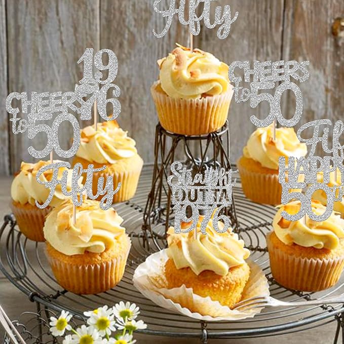 30PCS 50th Birthday Cupcake Toppers Glitter Fifty Happy 50 Straight Outta 1976 Cupcake Picks for Cheers to 50 Years 50th Birthday Wedding Anniversary Party Cake Decorations Supplies Silver
