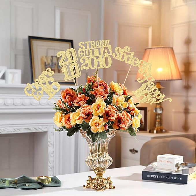 Gyufise 15Pcs Happy 16th Birthday Centerpiece Sticks Sixteen Straight Outta 2010 Table Flower Centerpieces Sticks for Cheers to 16th Birthday Party Supplies Gold