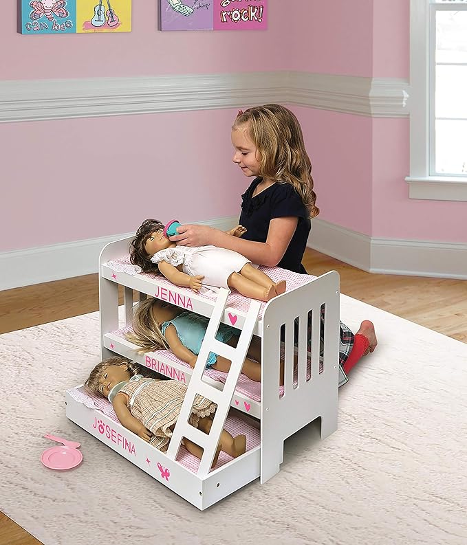 Badger Basket Doll Bunk Bed with Bedding, Ladder, and Free Personalized Kit - Fits Dolls Up to 22 Inches - Ideal for Girl Dolls and Baby Dolls for Pretend Play - White/Pink