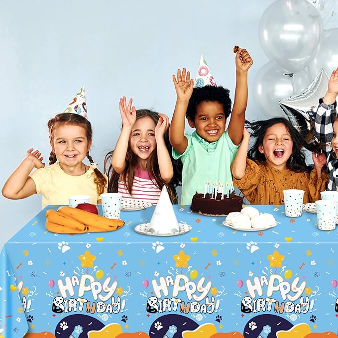 Oudain 3 Pack Blue Dog Party Tablecloth Dog Them Birthday Decor 108'' × 54'' Blue Yellow Plastic Table Cloth Puppy Paw Prints Bone Disposable Rectangle Table Cover for Baby Shower Party Supplies