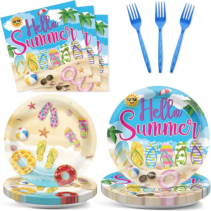CHUNNIN 96Pcs Hello Summer Plates and Napkins Beach Party Decorations Hawaiian Tropical Disposable Paper Dessert Plates Tableware Set for 24 Guests Kids Summery Ocean Pool Birthday Party Supplies
