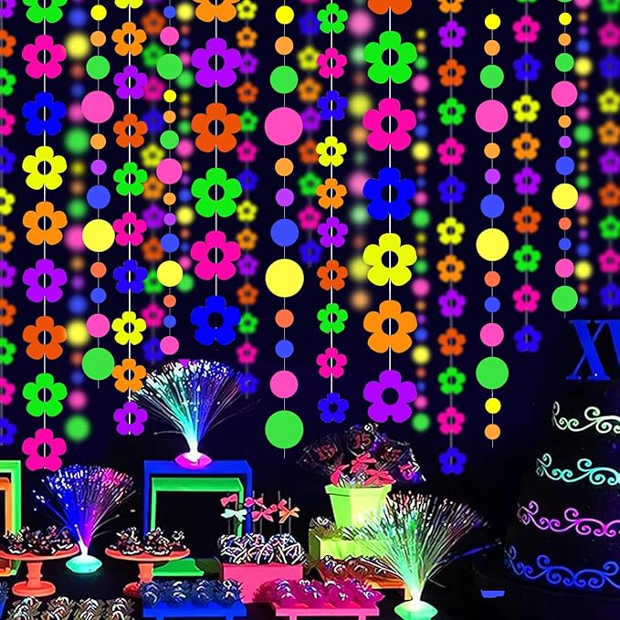 120 Feet Flower Dot Glow in The Dark Party Supplies and Decorations UV Neon Garland Streamers for Party Birthday Banner Black Light Neon Decorations for Dark Glow Party UV Reactive Neon Party Favors