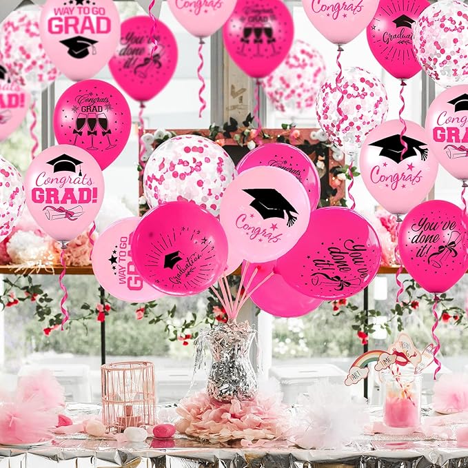 Whaline 60Pcs Graduation Party Balloon Set 7 Designs Confetti Latex Balloon with 2 Rolls Ribbon Congrats Grad Cap Balloons for Party Decor Supplies (Pink, Hot Pink)