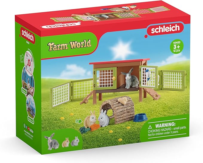schleich Farm World - 17PC Rabbit Hutch Playset with Animal Figures - Realistic Rabbit Play Set with Mother and Baby Bunny Figurines for Girls, Boys - Imaginative Play Animal Toys for Kids 3+ | 42420