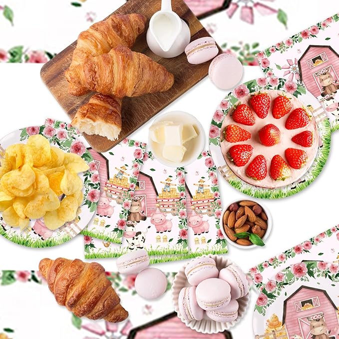 41pcs Pink Farm Party Supplies ,include 20 Plates, 20 Napkin and 1pcs Tablecloth,Used for Farm Birthday Party Decoration (Pink Farm JJJ)