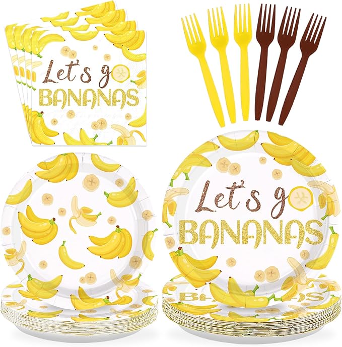 96PCS Yellow Banana Party Supplies Gold Glitter Fruit Plates And Napkins Let's Go Bananas Dessert Plates for Fruit Birthday Baby Shower Party Decorations Serves 24