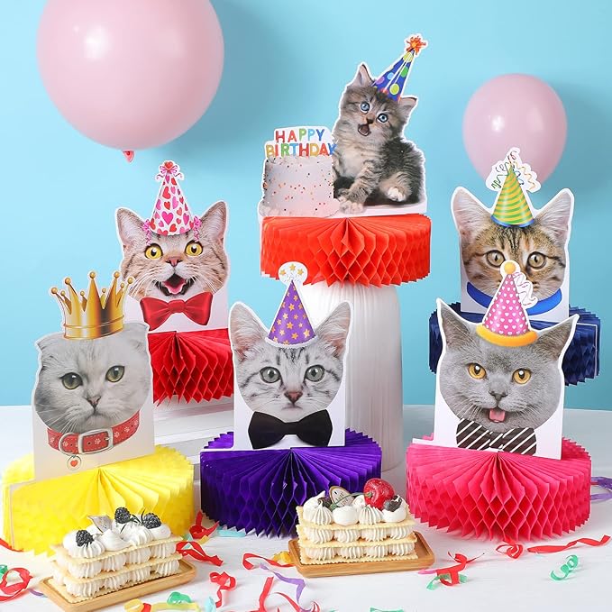 Teling 9 Pcs Cat Themed Honeycomb Centerpieces Cat Birthday Party Decorations Kitten Party Supplies Cake for Kids Baby Shower Birthday Supplies
