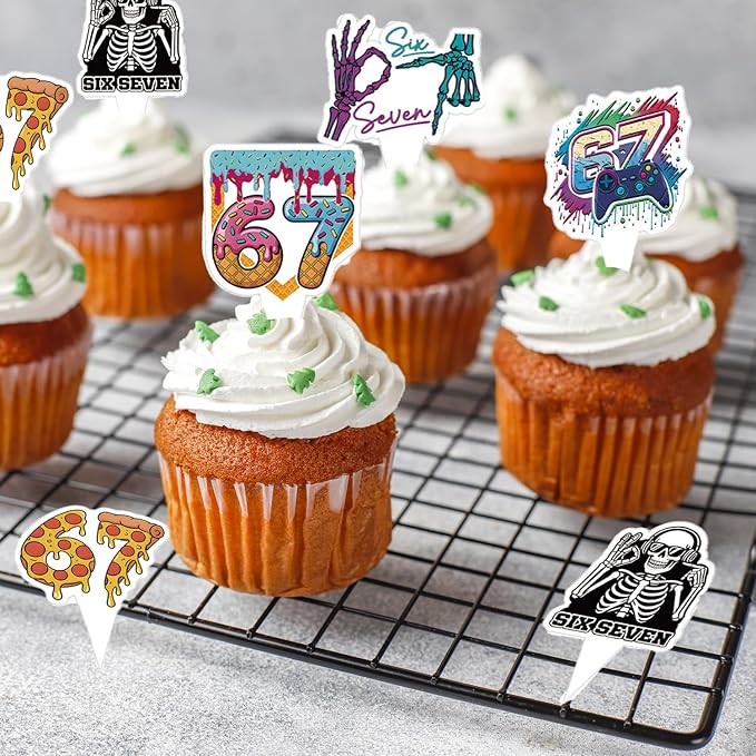 48PCS Six Seven Cupcake Toppers, Funny 6 7 Party Decorations Funny Six Seven Birthday Cake Decorations for Donut Ice Cream Baseball Meme 6 7 Theme Party Supplies